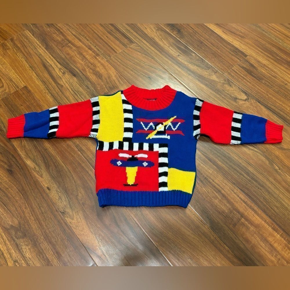 Little Funky Vintage Aviator Planes Primary Colors Vintage Sweater